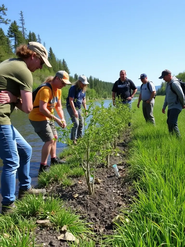 A photograph showcasing volunteers planting native vegetation along the Charente estuary, emphasizing habitat restoration efforts.