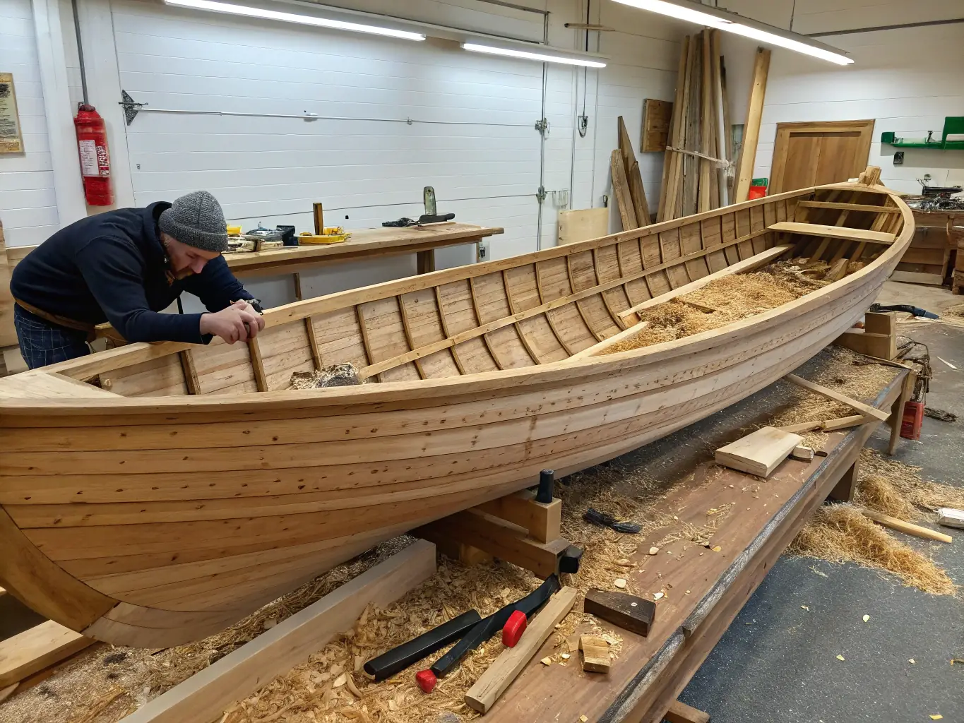 A photograph depicting a traditional boat-building workshop at the ecomuseum, showcasing local artisans teaching younger generations the craft.