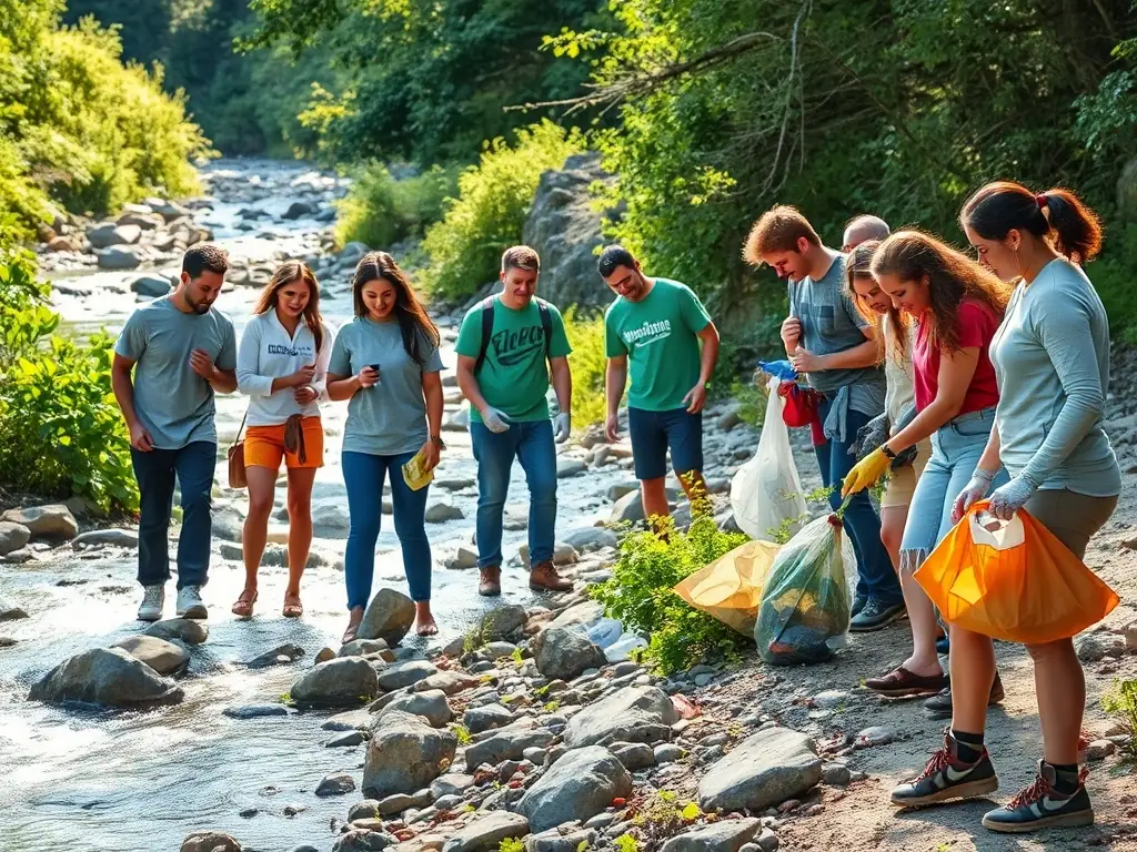A photograph of volunteers participating in a river cleanup activity organized by the ecomuseum, highlighting community involvement in environmental stewardship.