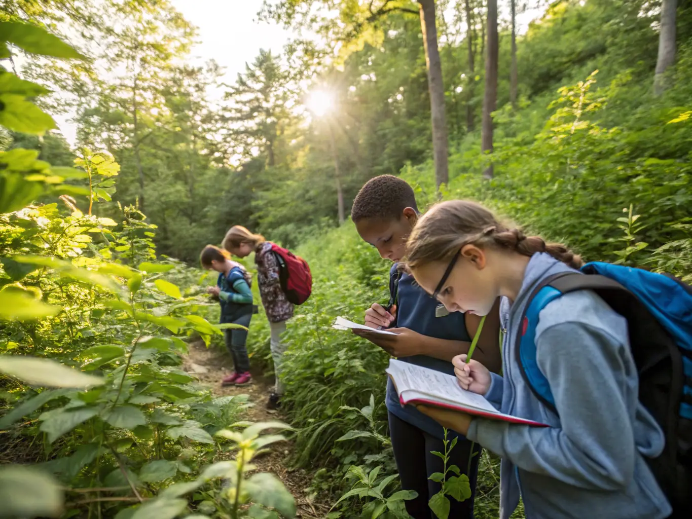 A photograph capturing a group of students enthusiastically participating in a guided nature walk through the Charente estuary, led by a museum educator. The scene highlights hands-on learning and environmental exploration.