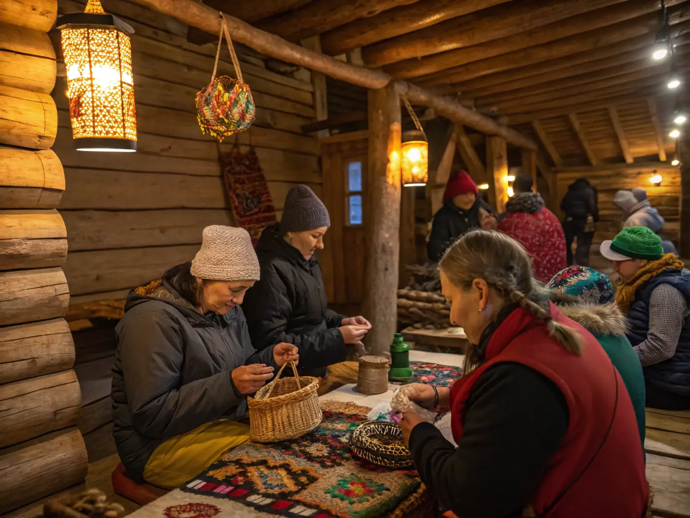 A photograph of participants in a traditional craft workshop at the ecomuseum, learning how to create artisanal products using local materials. The workshop is led by a skilled local artisan.