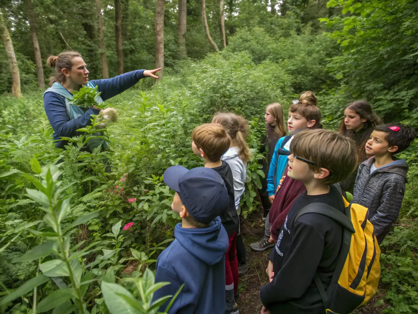 A group of children participating in a guided tour of the Charente estuary, led by a museum educator, focusing on the local flora and fauna.