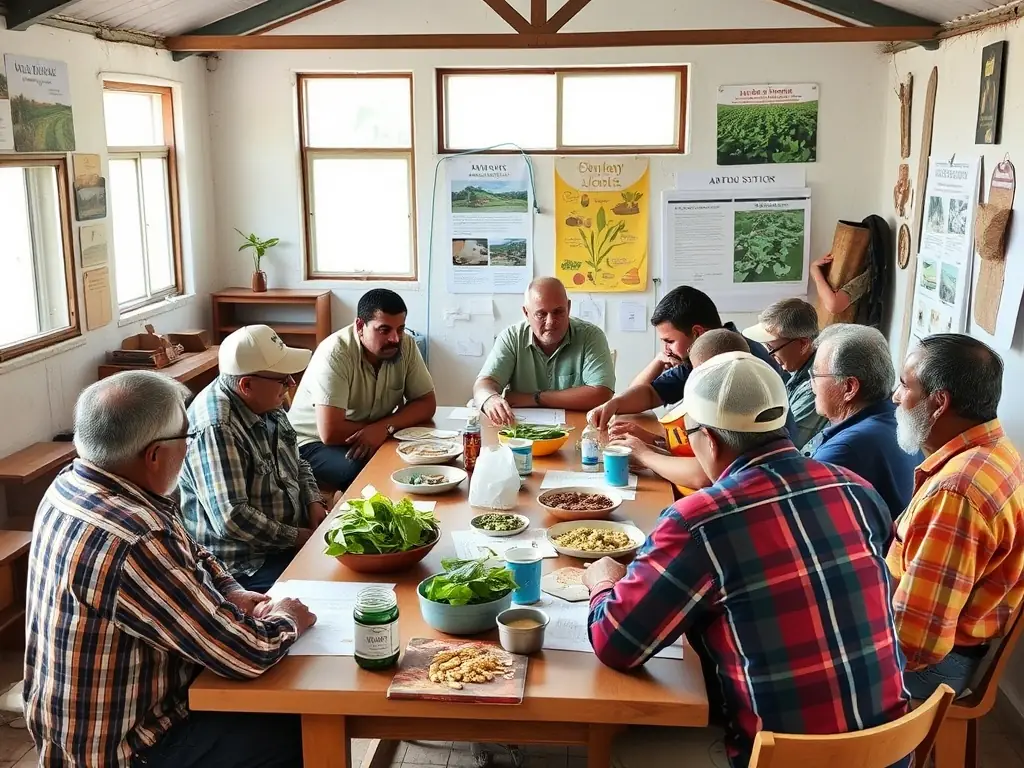 An image of a workshop where local residents are learning about sustainable farming practices, demonstrating the ecomuseum's commitment to education and sustainable agriculture.