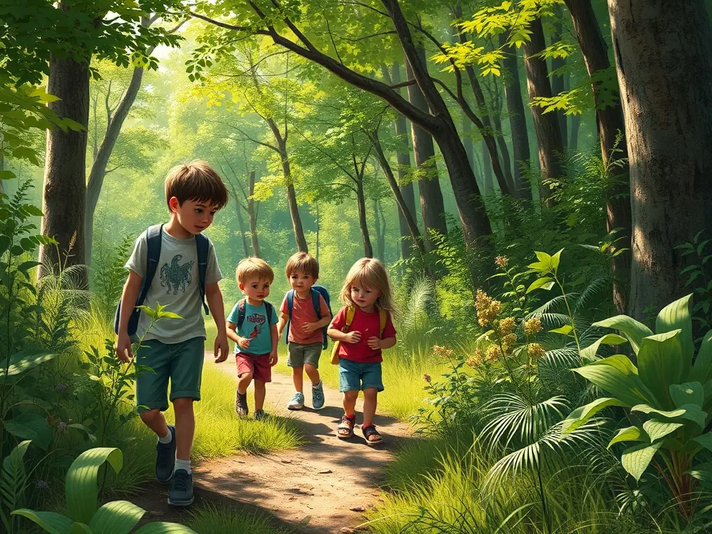 A group of children participating in a guided nature walk through the Charente estuary, led by a museum educator. The children are using binoculars and field guides to identify local flora and fauna.