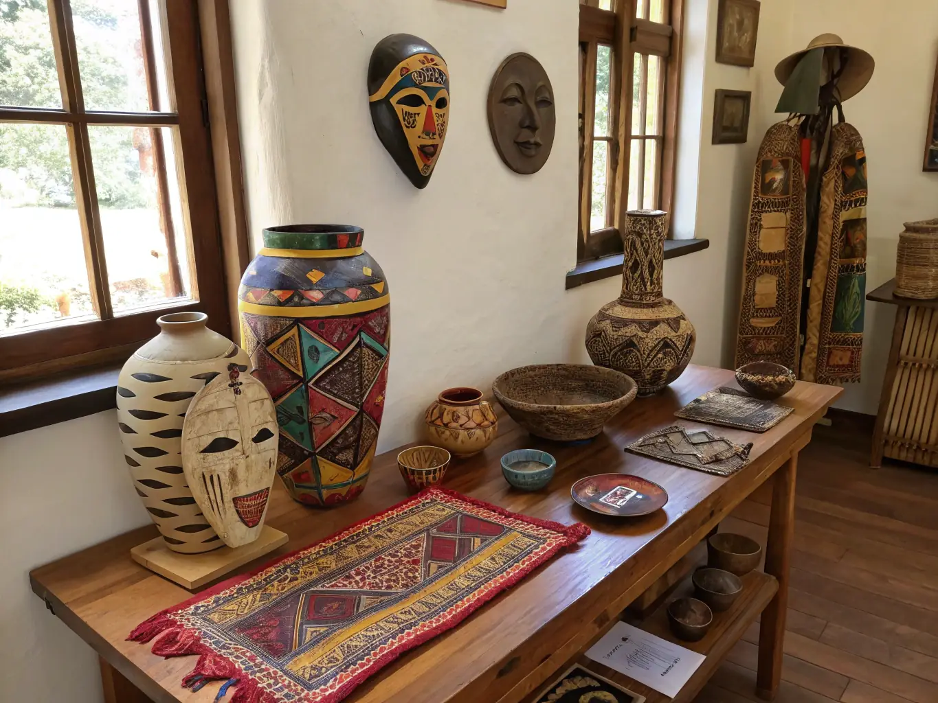 A photograph of an exhibit at the ecomuseum showcasing traditional tools and artifacts used in local agriculture and fishing practices.